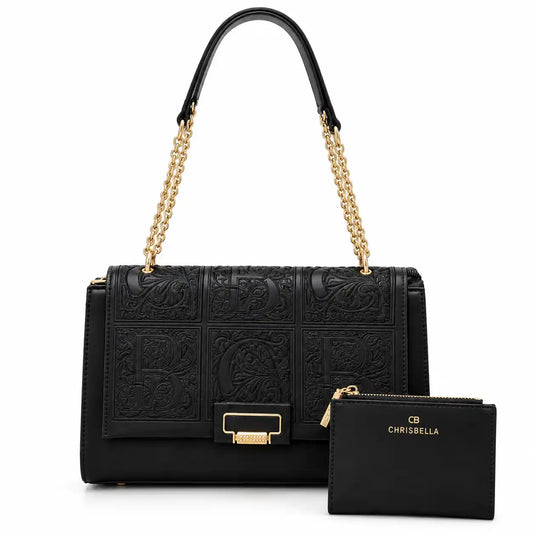 Chrisbella Floral Embossed Flap Shoulder Bag with Wallet in Black PU Leather - Asoyat Bangladesh (Photo 1)