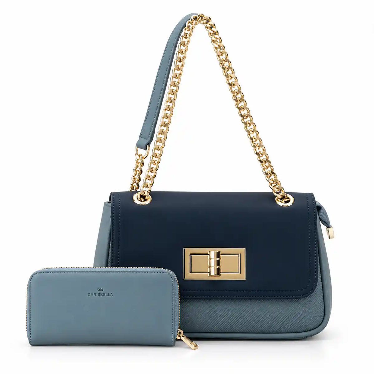 Chrisbella Twist Lock Chain Shoulder Bag with Wallet in Light Blue PU Leather - Asoyat Bangladesh (Photo 6)
