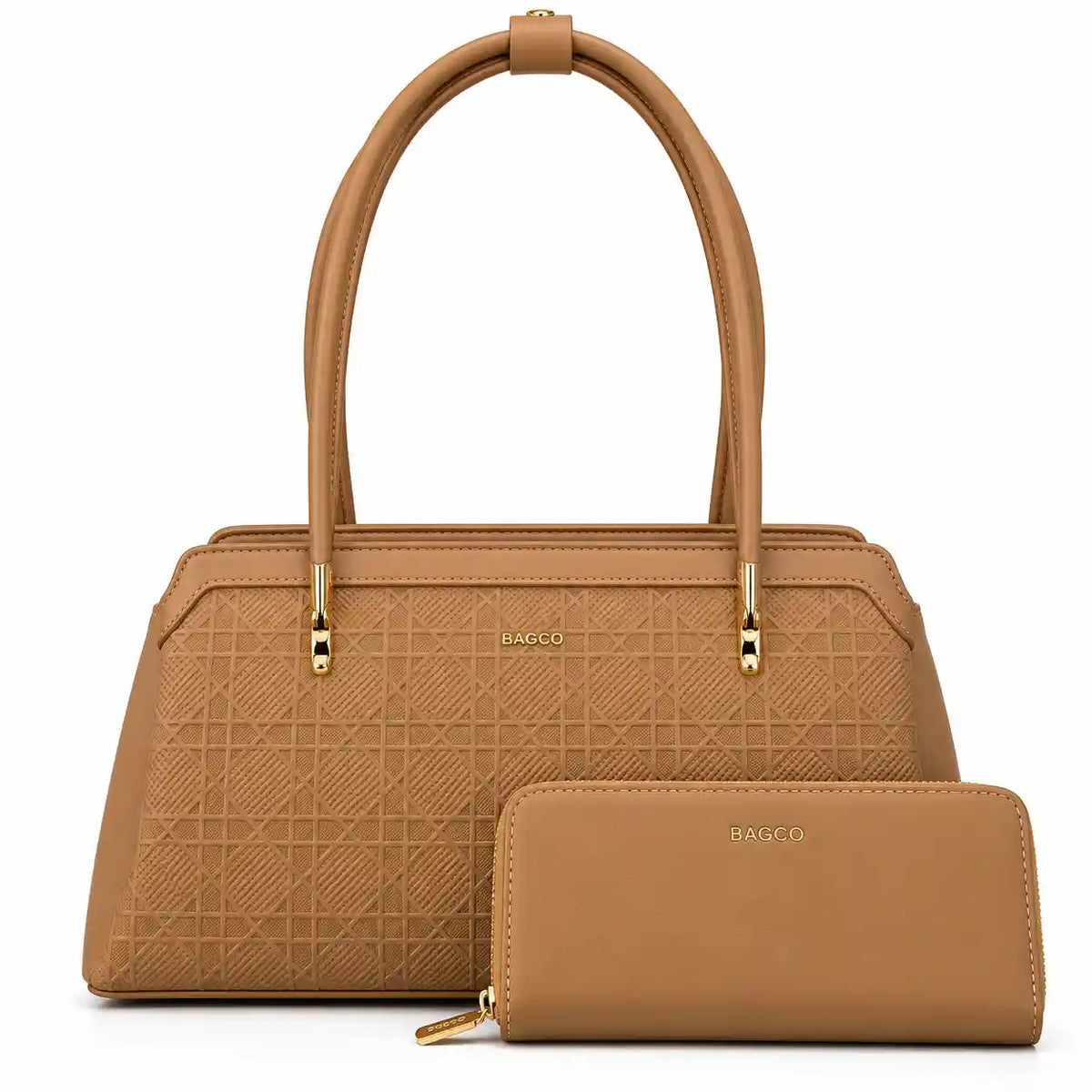 BAGCO Lattice Embossed Shoulder Bag with Wallet in Warm Camel Brown PU Leather - Asoyat Bangladesh (Photo 4)
