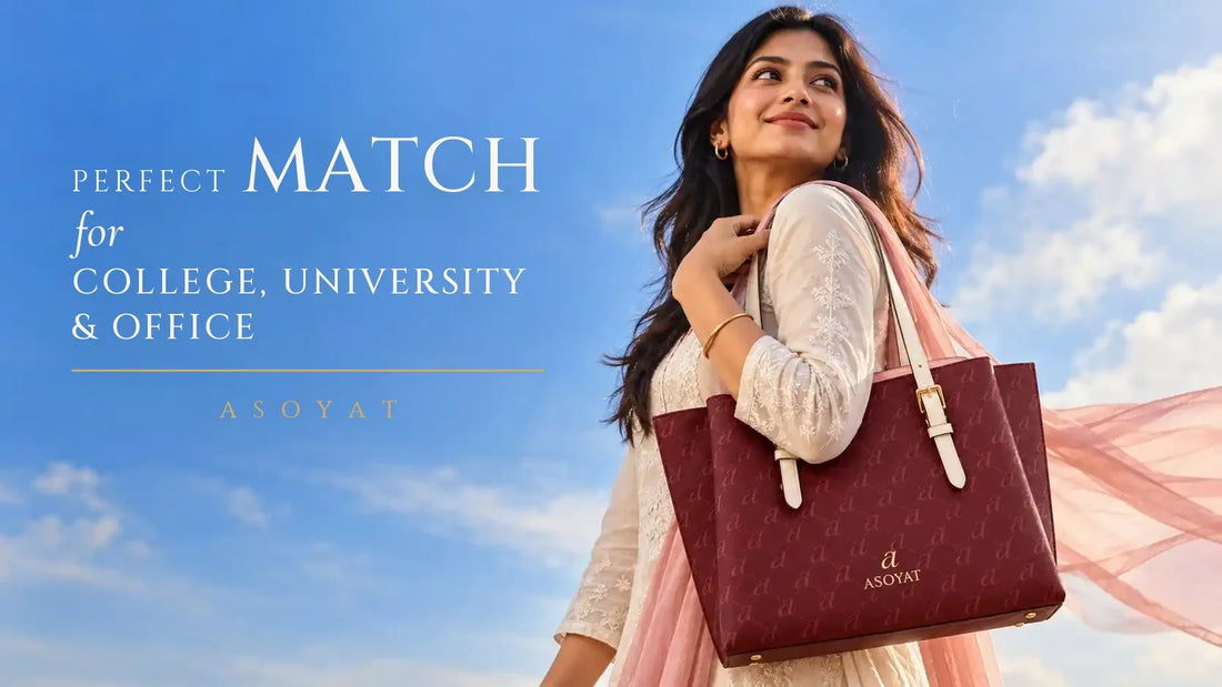 Woman carrying a burgundy Asoyat tote bag on her shoulder, with the line Perfect Match for College, University & Office