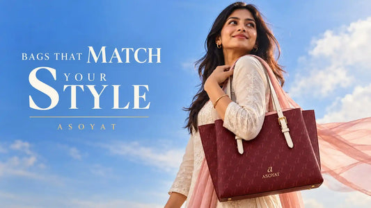 Woman in an ivory kurti carrying a burgundy Asoyat tote bag on her shoulder against a blue sky, with the line Bags That Match Your Style