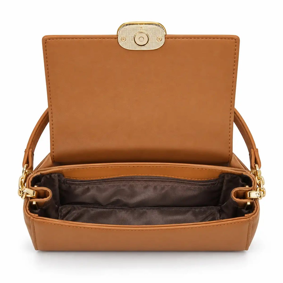 Chrisbella Gold Link Flap Shoulder Bag in Tan PU Leather, open flap with inner lining and zip pocket - Asoyat Bangladesh (Photo 5)