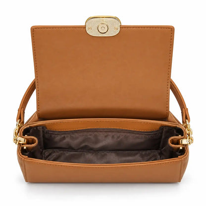 Chrisbella Gold Link Flap Shoulder Bag in Tan PU Leather, open flap with inner lining and zip pocket - Asoyat Bangladesh (Photo 5)