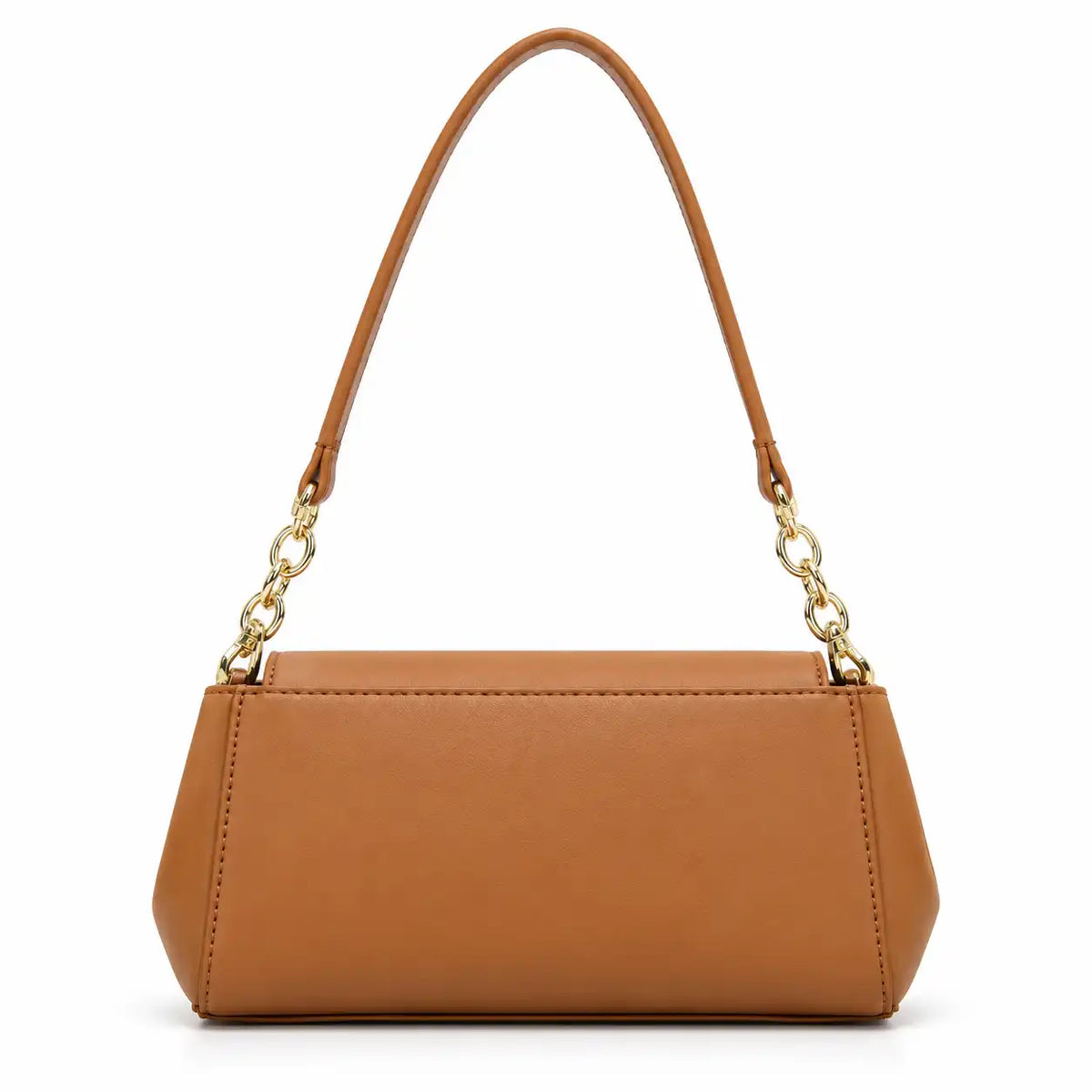 Chrisbella Gold Link Flap Shoulder Bag in Tan PU Leather, back view with gold chain shoulder strap - Asoyat Bangladesh (Photo 6)