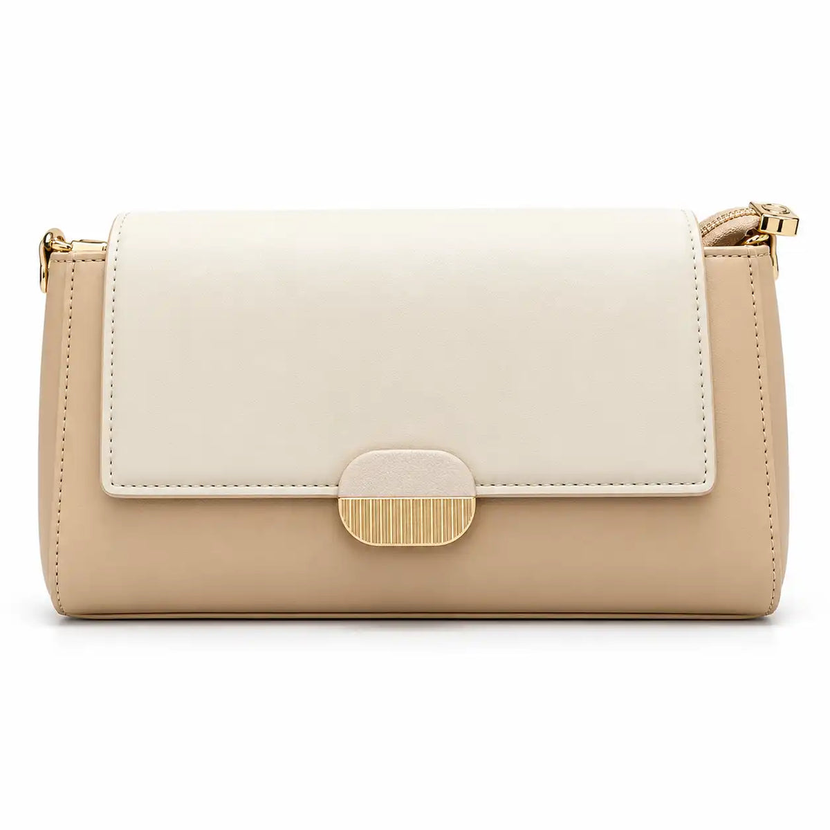 Chrisbella Gold Link Flap Shoulder Bag in Beige PU Leather, front view - Asoyat Bangladesh (Photo 2)