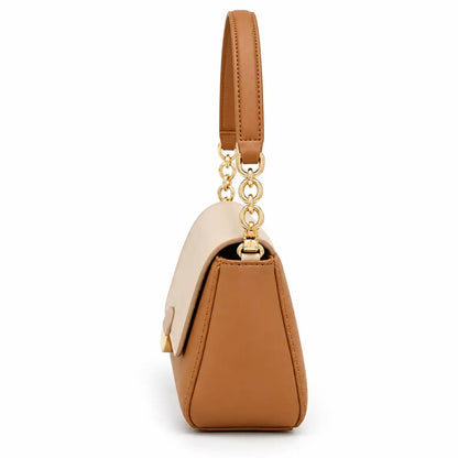 Chrisbella Gold Link Flap Shoulder Bag in Tan and Cream PU Leather, side view with gold chain strap - Asoyat Bangladesh (Photo 8)