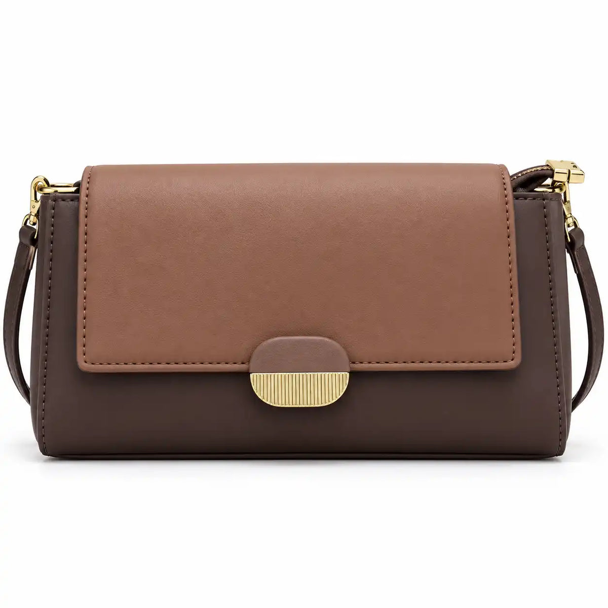 Chrisbella Gold Link Flap Shoulder Bag in Dark Brown PU Leather, front view - Asoyat Bangladesh (Photo 3)