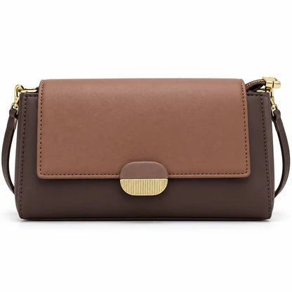 Chrisbella Gold Link Flap Shoulder Bag in Dark Brown PU Leather, front view - Asoyat Bangladesh (Photo 3)