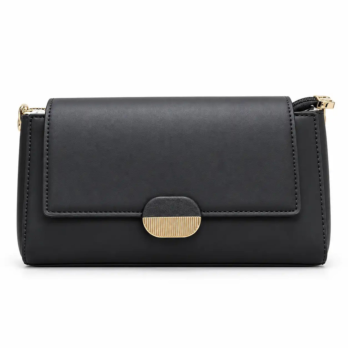 Chrisbella Gold Link Flap Shoulder Bag in Black PU Leather, front view - Asoyat Bangladesh (Photo 1)