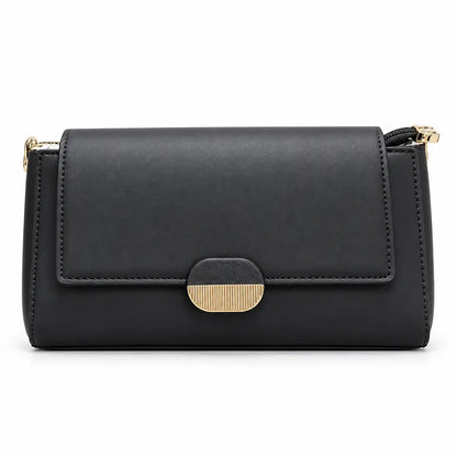Chrisbella Gold Link Flap Shoulder Bag in Black PU Leather, front view - Asoyat Bangladesh (Photo 1)