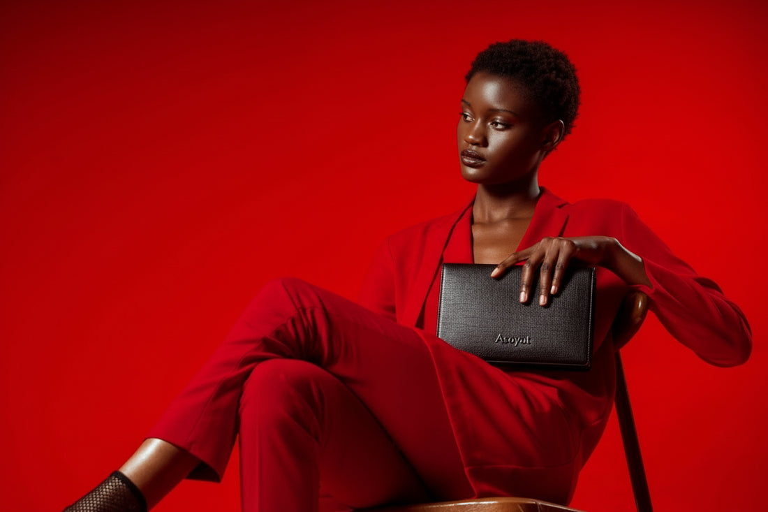 Woman in a red suit holding a black Asoyat clutch