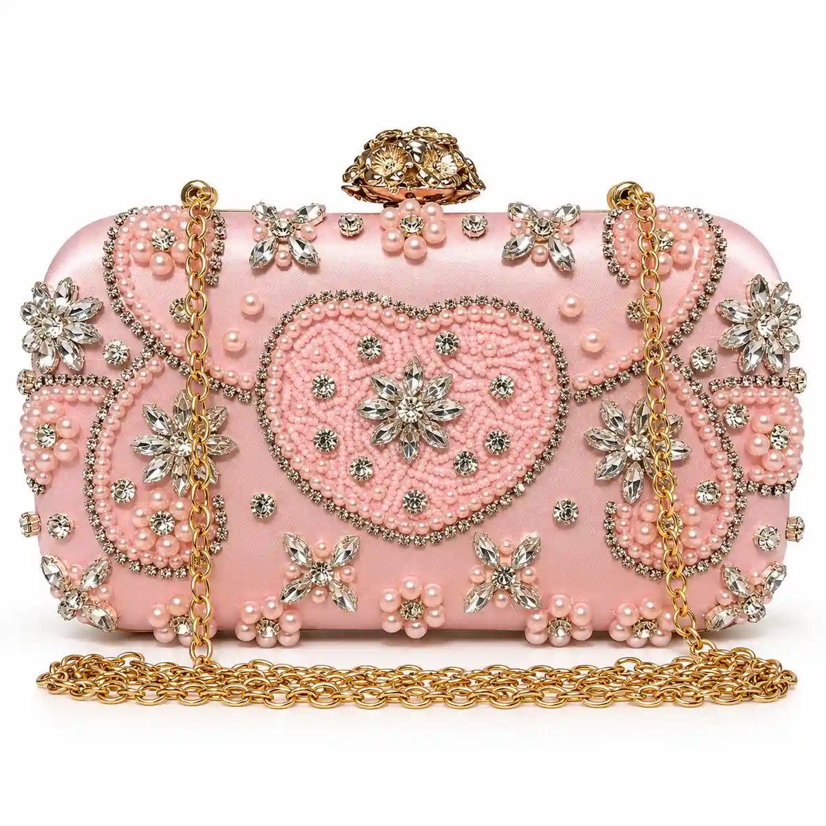 Heart Pearl Evening Clutch Bag in Light Pink with gold chain strap - Asoyat Bangladesh (Photo 3)