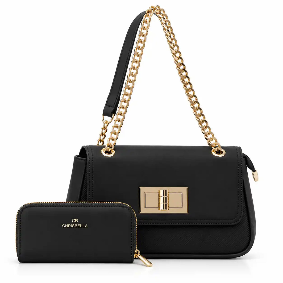 Chrisbella Twist Lock Chain Shoulder Bag with Wallet in Black PU Leather - Asoyat Bangladesh (Photo 2)