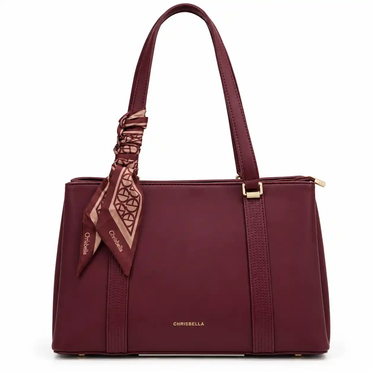 Chrisbella Scarf Accent Structured Tote Bag in Wine Red PU Leather - Asoyat Bangladesh (Photo 2)