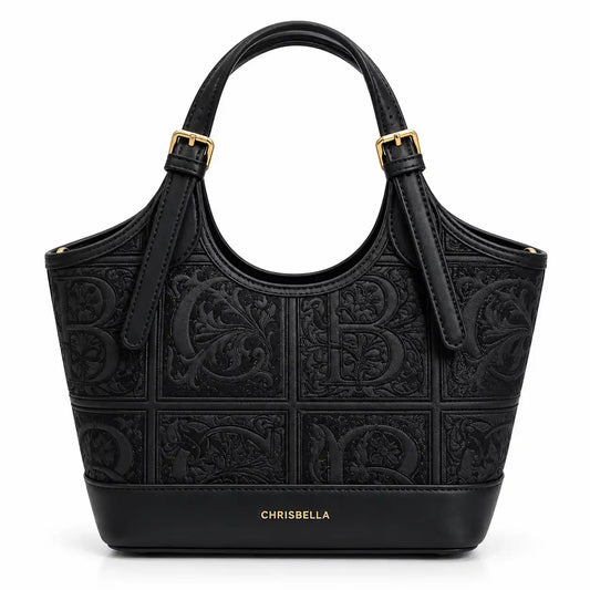 Chrisbella Embossed Mini Tote Bag in Black PU Leather - Asoyat Bangladesh (Photo 1)