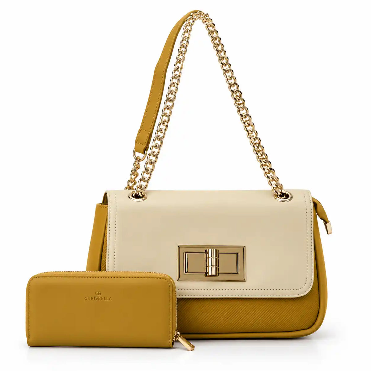 Chrisbella Twist Lock Chain Shoulder Bag with Wallet in Yellow PU Leather - Asoyat Bangladesh (Photo 4)