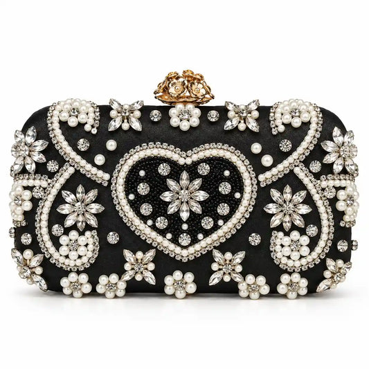 Heart Pearl Evening Clutch Bag in Classic Black, front view - Asoyat Bangladesh (Photo 1)