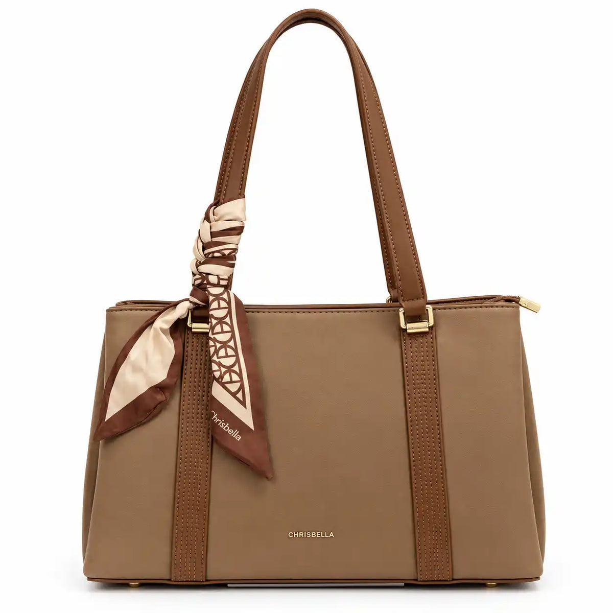 Chrisbella Scarf Accent Structured Tote Bag in Khaki PU Leather - Asoyat Bangladesh (Photo 5)