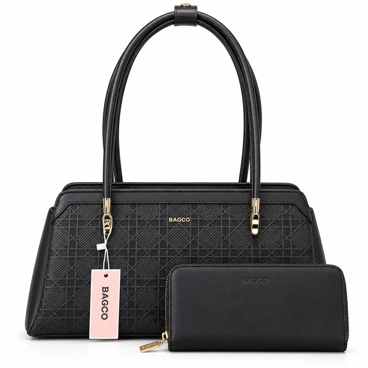 BAGCO Lattice Embossed Shoulder Bag with Wallet in Black PU Leather - Asoyat Bangladesh (Photo 1)