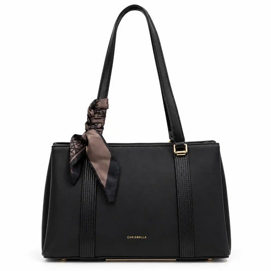 Chrisbella Scarf Accent Structured Tote Bag in Black PU Leather - Asoyat Bangladesh (Photo 1)