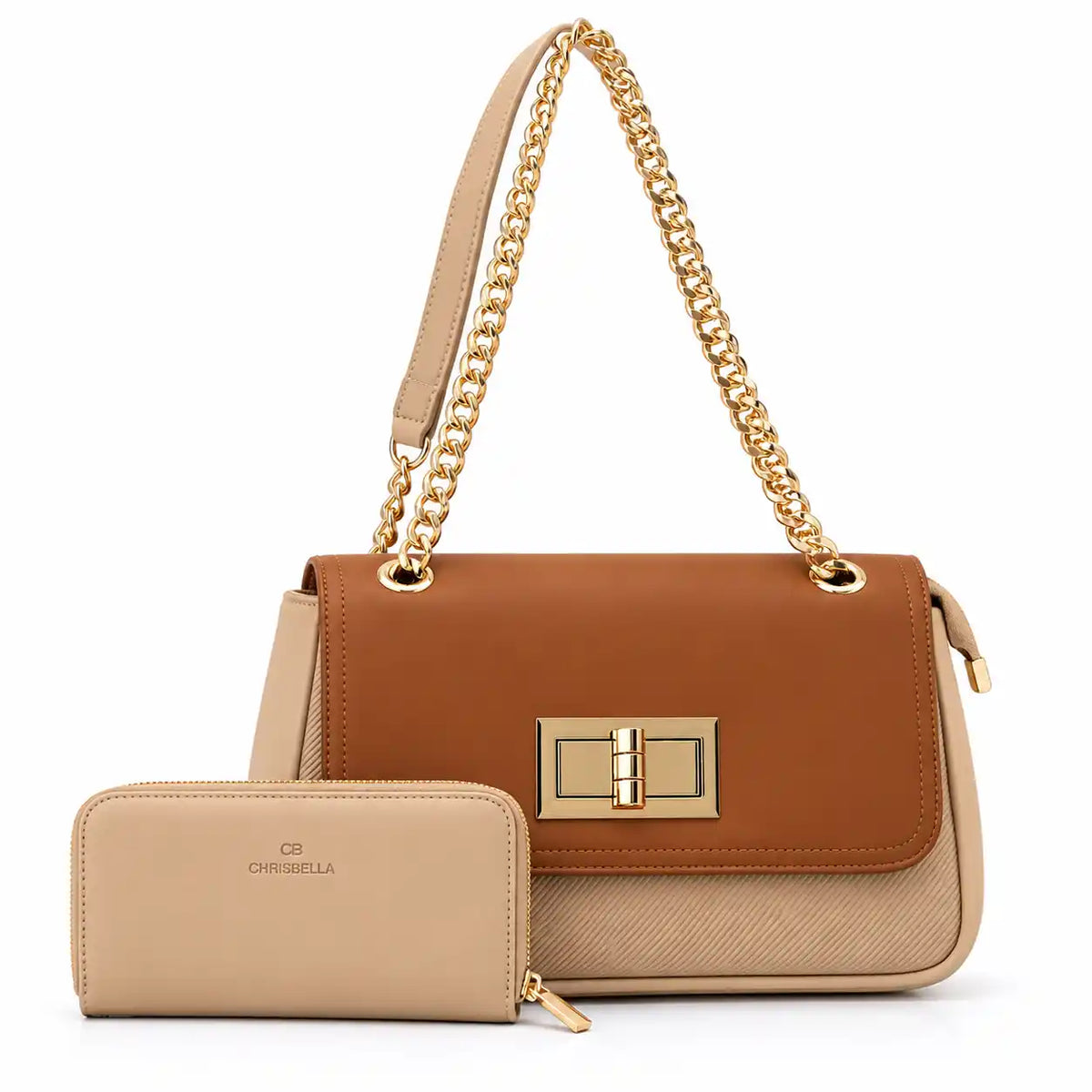 Chrisbella Twist Lock Chain Shoulder Bag with Wallet in Beige PU Leather - Asoyat Bangladesh (Photo 1)