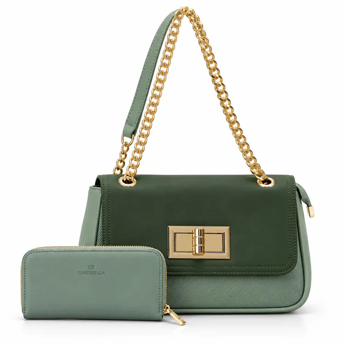 Chrisbella Twist Lock Chain Shoulder Bag with Wallet in Dark Green PU Leather - Asoyat Bangladesh (Photo 3)