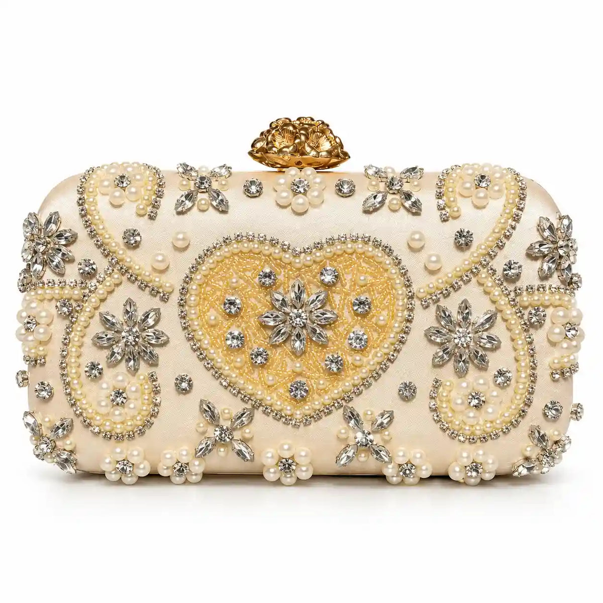 Heart Pearl Evening Clutch Bag in Champagne Gold, front view - Asoyat Bangladesh (Photo 5)