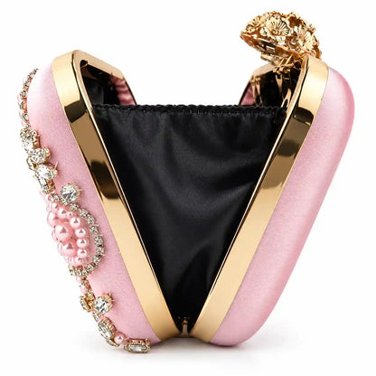 Heart Pearl Evening Clutch Bag in Light Pink, open frame with black satin lining - Asoyat Bangladesh (Photo 4)