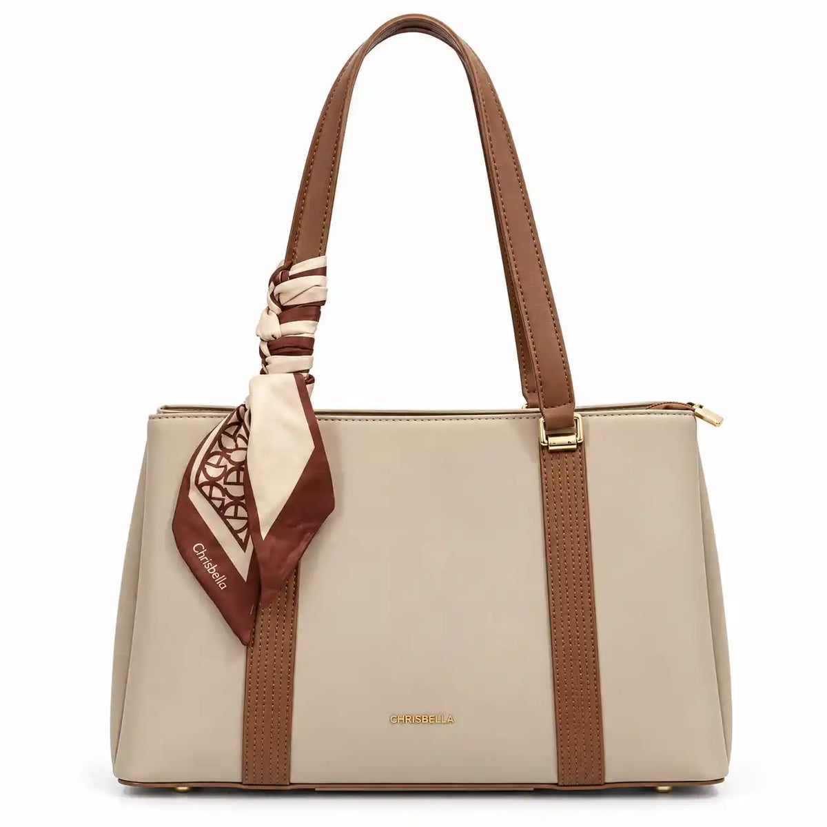 Chrisbella Scarf Accent Structured Tote Bag in Beige and Tan PU Leather - Asoyat Bangladesh (Photo 4)
