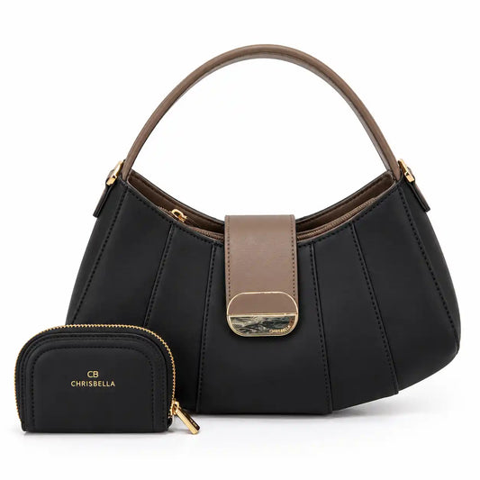 Chrisbella Pleated Top Handle Hobo Bag with Pouch in Classic Black PU Leather - Asoyat Bangladesh (Photo 1)