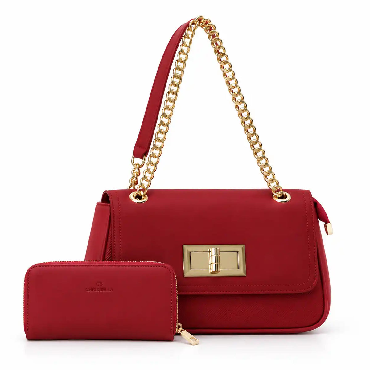 Chrisbella Twist Lock Chain Shoulder Bag with Wallet in Red PU Leather - Asoyat Bangladesh (Photo 5)